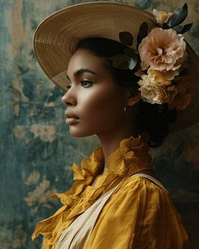 Modern en chic portret van een jonge vrouw met bloemen in het haar van Carla Van Iersel