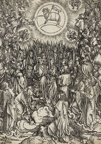 ALBERT DÜRER, Apocalyps, 12e figuur - Lofzang van de uitverkorenen in de hemel - Aanbidding van het 