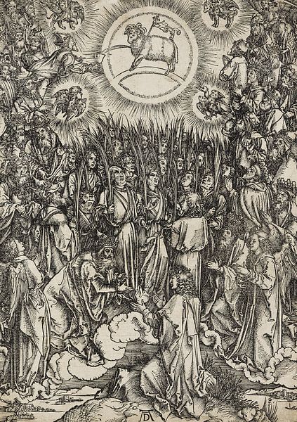 ALBERT DÜRER, Apocalyps, 12e figuur - Lofzang van de uitverkorenen in de hemel - Aanbidding van het  van Atelier Liesjes