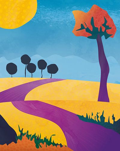 Vijf bomen in een kleurrijk landschap