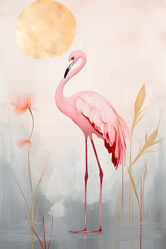 Vintage Flamingo en Lotusbloem, Boho Beach van Caroline Guerain