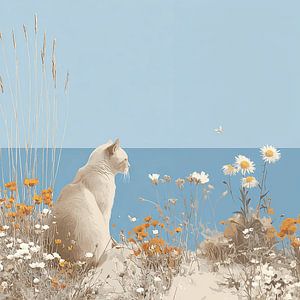 Blick über das Meer | Verträumte Küstenkunst mit Katze in sommerlicher Dünenlandschaft
