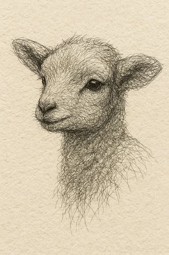 Draad portret lammetje (lente zacht schattig lief jong schaapje wol babykamer sepia lijntekening  Boho stijl)