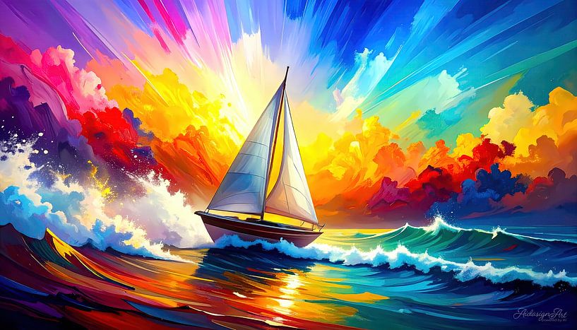 Zeilboot in een storm van kleuren - tussen nevel, licht en de ongetemde kracht van een regenboogzee van AidasignArt