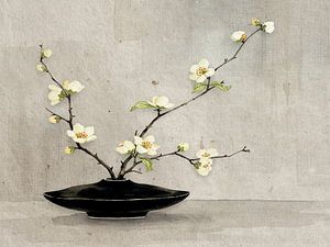 Japandisches Stillleben: Vase mit blühenden Zweigen