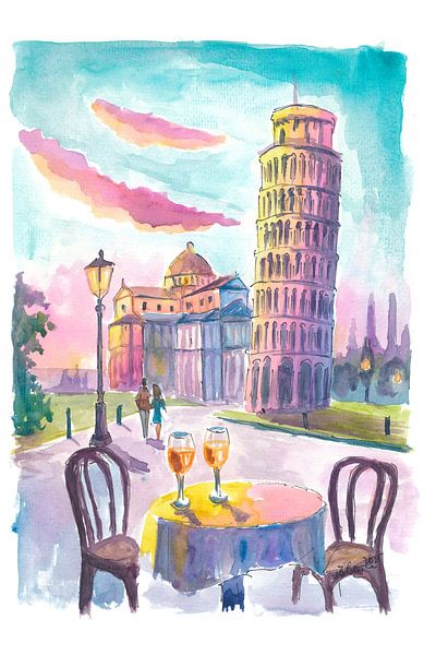 Romantische tafel voor twee in Pisa met uitzicht op de Scheve Toren van Markus Bleichner