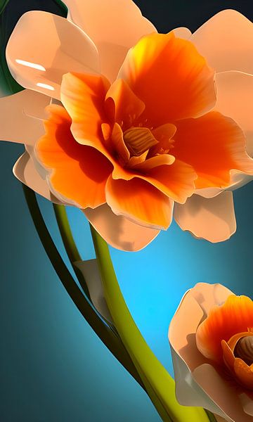 Still Life with Flowers III - large orange flower with green stem by Lily van Riemsdijk - Art Prints with Color