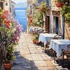 Région-Vue de la mer-Rue en Italie au printemps avec des fleurs et restaurant Peinture à l'huile -Design d'art vertical sur Animaflora PicsStock
