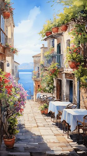 Regio zeezicht straat in Italië in de lente met bloemen en restaurant olieverfschilderij -art design verticaal
