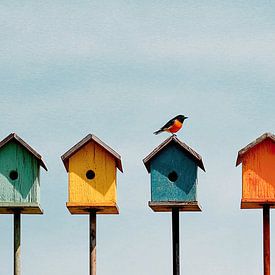 Gekleurd rijtje vogelhuisjes met goudvink van Vlindertuin-Art