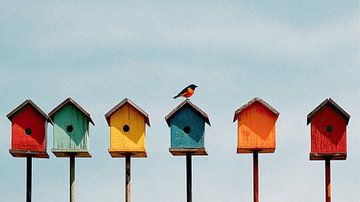 Gekleurd rijtje vogelhuisjes met goudvink