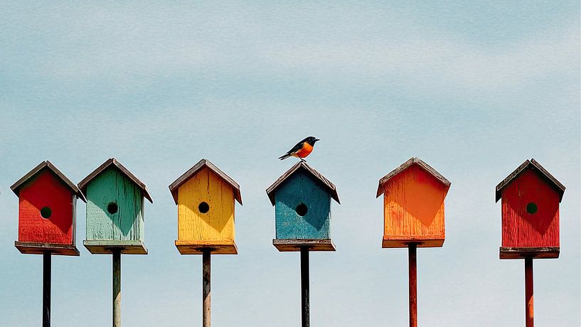 Coloured row of birdhouses with bullfinch by Vlindertuin-Art
