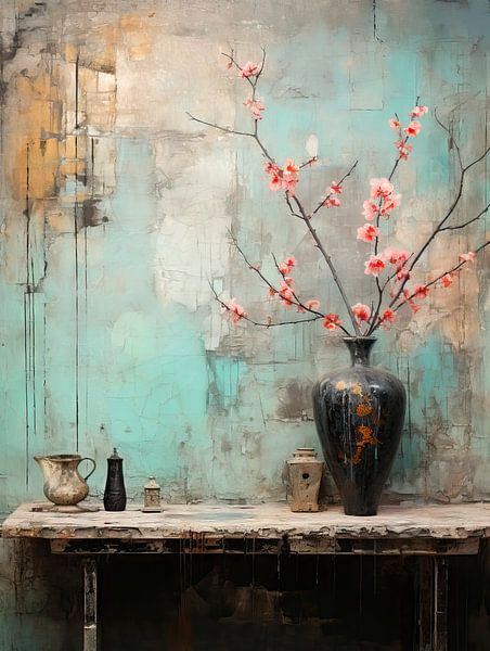 Blütenzweig in dunkler Vase – Wabi-Sabi-Stillleben von Joriali Fotografie und Gemälde