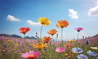 Een bloemenveld met een blauwe lucht op de achtergrond