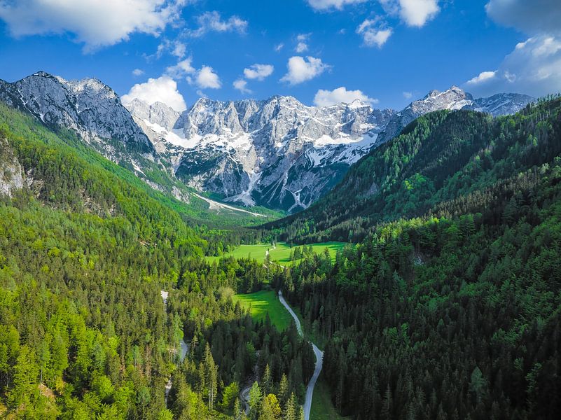 Zgornje Jezersko vallei vanuit de lucht gezien in de lente van Sjoerd van der Wal Fotografie