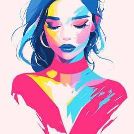 Portrait abstrait d'une femme au néon - décoration murale colorée au look pop art sur Karina Brouwer