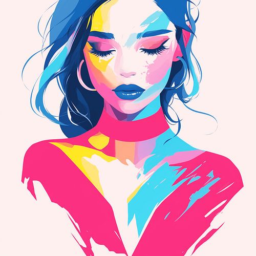 Portrait abstrait d'une femme au néon - décoration murale colorée au look pop art