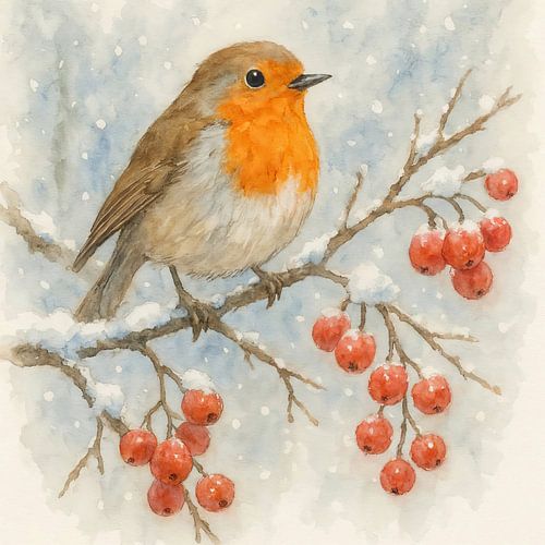 Robin in winter (AI) (bird, snow, red berries, branch, watercolour, painting)