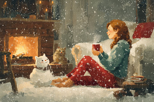 Warm haardlicht voor meisje en katten