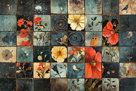 Classic vintage tiles with floral patterns and birds