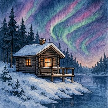 Noorderlicht aan het meer (AI) (winteravond, houten, huis, aurora borealis, poollicht)