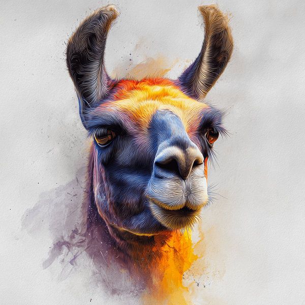 Lama in Abstracte Kleurenexplosie op Wit van Eva Lee
