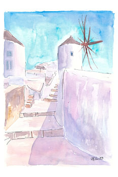 Journée lumineuse et ensoleillée à Oia Santorin sous les moulins à vent