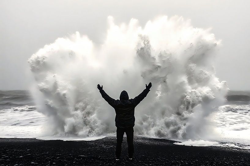 Tourist vor gewaltiger Welle auf schwarzem Strand von Frank Heinz