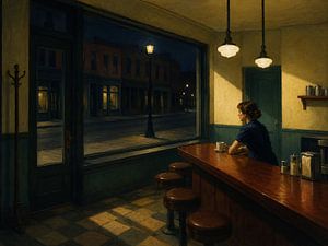 Lonely Diner at Midnight Oil Painting — Moody Noir Café Wall Decor