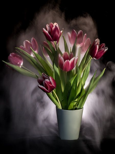 tulpen stilleven "in mist gehuld" van Marjolijn van den Berg