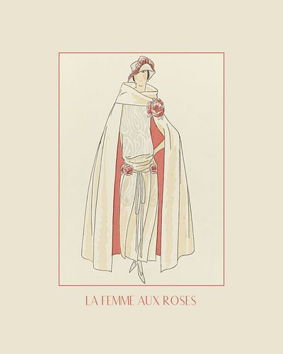 La femme aux roses | Een vrouw met cape en roos | Vintage Art Deco Mode prent