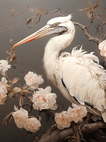 Pelican and Flowers in Beige