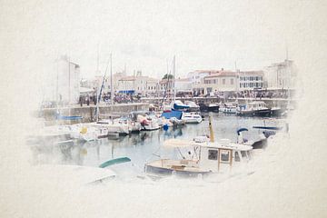 Zicht op de haven van of Saint-Martin-de-Ré in waterverf van Youri Mahieu