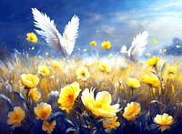 Witte vogels boven gele bloemen