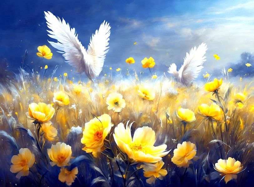 White birds over yellow flowers by Quinta Mandala