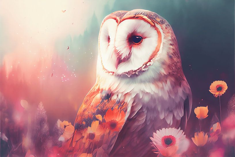 Barn owl drawing in flower field by Sandra Groenescheij