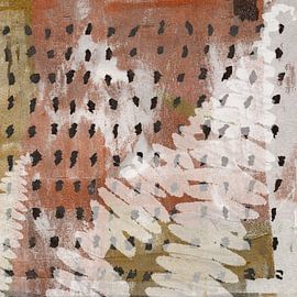 Botanische Mischtechnik im Wabi-Sabi-Stil. Farnblätter und Muster in Terra und dunklem Ocker. von Abstrakte minimalistische Kunst