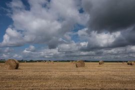 Straw rolls in a field with beautiful clouds