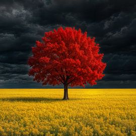 Red Tree in Yellow Flower Field Under Dark Sky by Markus Gann
