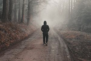 Marche dans la forêt brumeuse d'automne