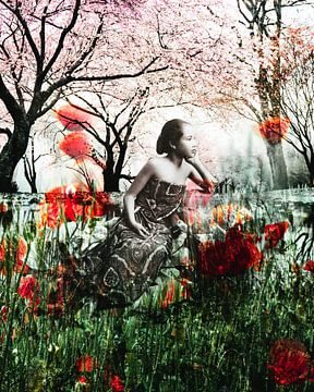 Asian girl, with blossum and poppies van by Maria