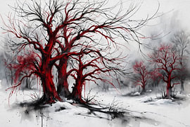 Karmozijnrode bomen in een besneeuwd winterlandschap – abstract inktschilderij