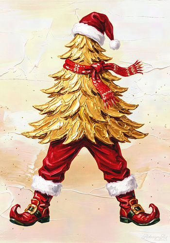 Goldener Weihnachtsmann-Baum mit Elfenschuhen