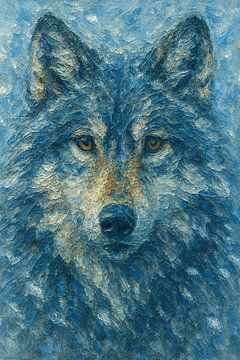 Wolf in de sneeuwstorm (blauwgrijs portret wild krachtig mysterieus dierportret schilderij textuur verf)