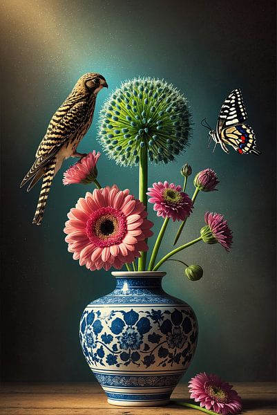 Vase bleu de Delft avec fleurs, oiseau et papillon par Kleurenrijk