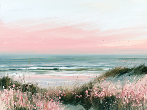 Roze kustlandschap bij zonsondergang