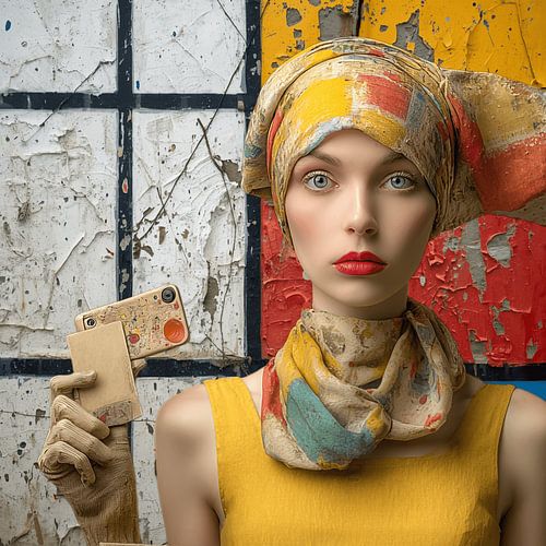 Portrait d'une peintre sur fond de Mondrian