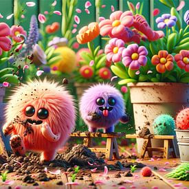 Vrolijke monsters vermaken zich met kleurrijke tuinplanten van artefacti