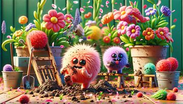 Cheerful monsters having fun with colourful garden plants by artefacti