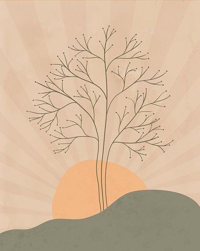 Minimalistisch landschap met een boom bij zonsondergang
